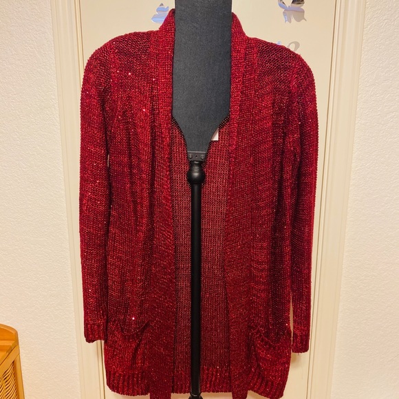 red sequin cardigan